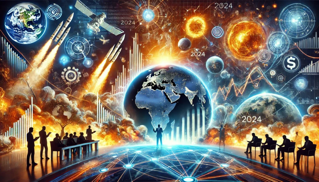 Illustration of rockets, satellites, and lunar landscapes representing the space race, one of 2024's pivotal moments.