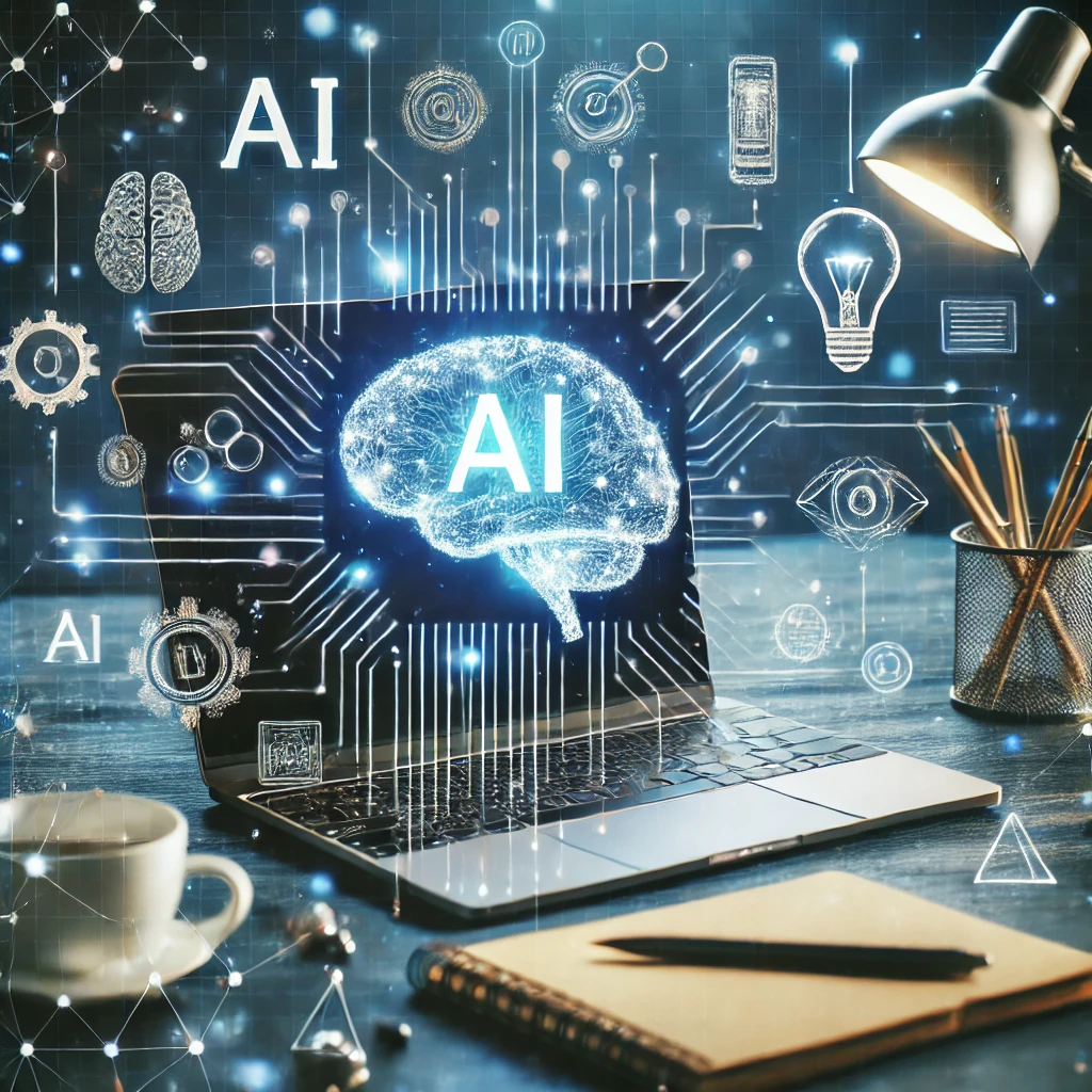 AI-powered writing tools featuring a sleek laptop, robotic hands typing, and neon blue, purple, and pink holographic symbols like gears, light bulbs, and a brain in a futuristic setting.