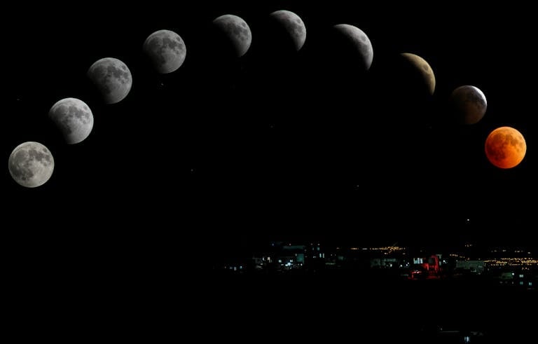 Captivating lunar eclipse sequence featuring blood moon over cityscape.