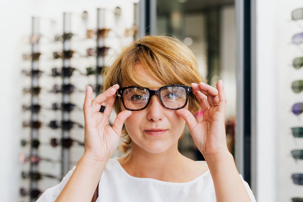 Young woman with short hair trying on glasses in an optical store, looking confident and stylish.
