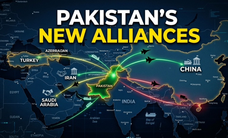 Pakistan highlighted on a geopolitical map with glowing alliance lines connecting to China, Turkey, Azerbaijan, Saudi Arabia and Iran.